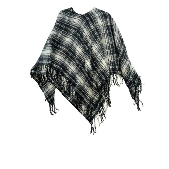 Lauren Ralph Lauren Womens Black & White Plaid Fringe Poncho - Picture 7 of 9
